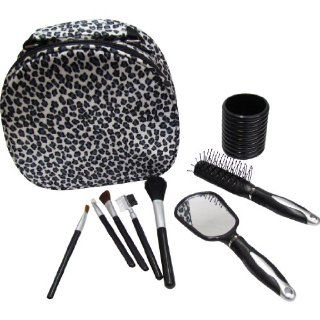 9 piece Cosmetic Brush Set with Pink Cosmetic Brush Travel Case for Women   White with Silver/Black Leopard Spots  Makeup Brush Sets  Beauty