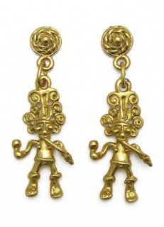 Pre Columbian Costa Rica 24k Gold Plated Musician with Flute and Maracas Earrings Stud Earrings Jewelry