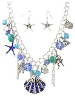 Blue Starfish Sea Shell Crab Rhinestone Silver Tone Fashion Jewelry Statement Necklace & Earrings Jewelry