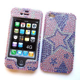 Apple iPhone 4 & 4S Snap on Protector Hard Case Rhinestone Cover "Pink & Purple Stars Pattern" Design Cell Phones & Accessories