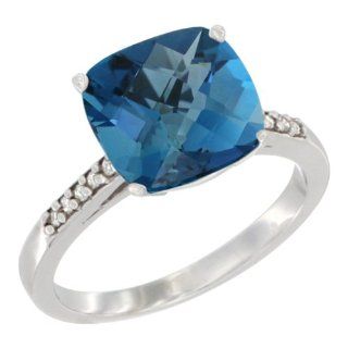 14K White Gold Natural London Blue Topaz Ring 9 mm Cushion cut Diamond accent, sizes 5   10 Jewelry