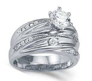CZ Engagement Rings Bridal Wedding Set 14k White Gold (1.50 Carat) Jewel Tie Jewelry