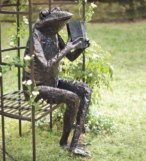 Handmade Metal Reading Frog Garden Sculpture  Outdoor Statues  Patio, Lawn & Garden