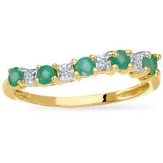 14K Yellow Gold Precious Emerald and Diamond Curved Band Ring Jewelry
