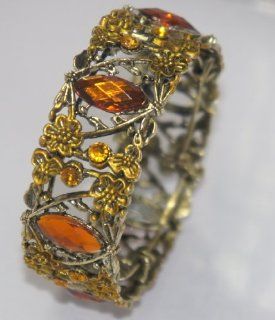 Vintage Colorful Orange Topaz Marquee Rhinestone Bangle Cuff Bracelet Flower Design One Size Fits All