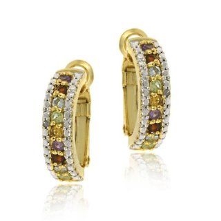 Gold Tone over Sterling Silver Multi Color Gemstone & Diamond Half Hoop Earrings Jewelry