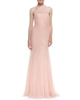 Womens One Shoulder Sequined Lace Tulle Overlay Gown   ML Monique Lhuillier