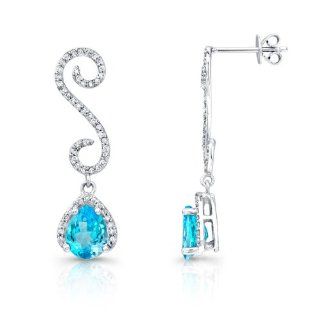 Victoria Kay 4 1/3ct Blue Topaz and 1/2ct White Diamond Swirl Drop Earrings in 14k White Gold (J, I2 I3) Jewelry