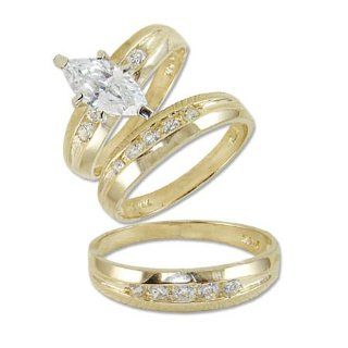 14k Yellow Gold, Trio Three Piece Wedding Ring Set Marquise Lab Created Gems Jewelry