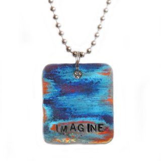 Blue Unique Handmade Inspirational Square Stainless Steel Dog Tag (Imagine) FREE Organza Pouch Bag  Other Products  