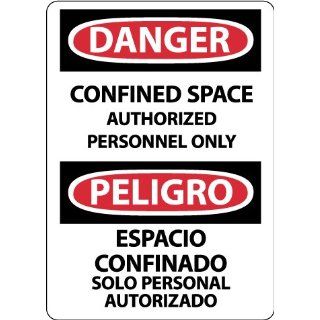 NMC ESD671PB Bilingual OSHA Sign, Legend "DANGER   CONFINED SPACE AUTHORIZED PERSONNEL ONLY", 10" Length x 14" Height, Pressure Sensitive Adhesive Vinyl, Black/Red on White Industrial Warning Signs