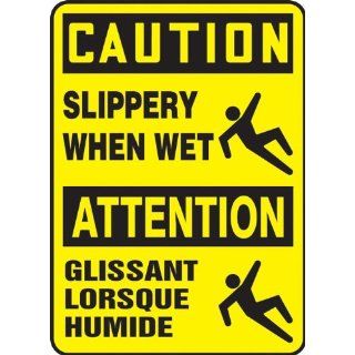 Accuform Signs FBMSTF674VP Plastic French Bilingual Sign, Legend "CAUTION SLIPPERY WHEN WET/ATTENTION GLISSANT LORSQUE HUMIDE" with Graphic, 10" Width x 14" Length, Black on Yellow Industrial Warning Signs