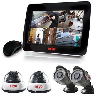 Revo 4 Channel System with 4x 66ft Night Vision Higher res Security Cameras with All in One DVR w/ 10.5" Built in Monitor  Complete Surveillance Systems  Camera & Photo
