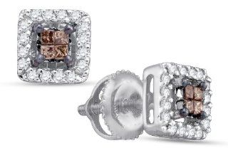 14K White Gold Princess Cut Chocolate Brown and White Diamond   Square Princess Shape Halo Invisible & Channel Set Studs Earrings with Secure Screw Back Closure   (.30 cttw.) Jewelry