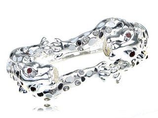 Silver Tone White Black Enamel Red Clear Rhinestone Twin Panther Bangle Bracelet Jewelry