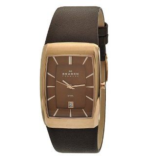 Skagen Men's 690LSLDR Steel Rectangle, Rose Gold Tone Case, Brown Leather Strap Watch at  Men's Watch store.