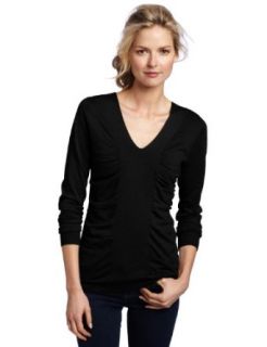 Lilla P Women's Cotton Modal Cashmere Long Sleeve Ruched Center V Neck Sweater, Black, X Small