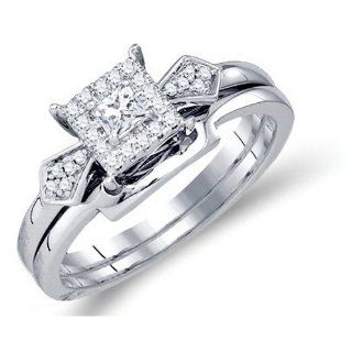 Diamond Princess Solitaire Square Bridal Rings Set 10K White Gold (0.25 ct.tw.) Engagement Rings Jewelry