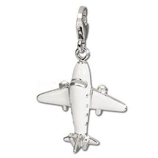 SilberDream Charm white enameled plane with white Zirconia, 925 Sterling Silver Charms Pendant with Lobster Clasp for Charms Bracelet, Necklace or Earring FC668 Clasp Style Charms Jewelry