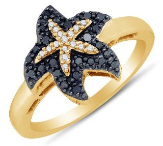 10K Yellow Gold Prong Set Starfish Round Brilliant Cut Black and White Diamond Ladies Womens Fashion, Wedding Ring OR Anniversary Band (1/5 cttw.) Jewelry