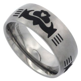 Titanium 8mm Dome Wedding Band Ring Black Laser Etched Tribal Celtic Claddagh Pattern Matte Finish Comfort fit, sizes 7 to 14 Jewelry