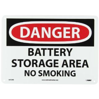 NMC D672RB OSHA Sign, Legend "DANGER   BATTERY STORAGE AREA NO SMOKING", 14" Length x 10" Height, Rigid Plastic, Red/Black on White