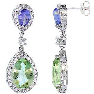 14K White Gold Natural Green Amethyst and Tanzanite Tear Drop Earrings White Sapphire and Diamond Accents, 1 3/8 inches long Jewelry