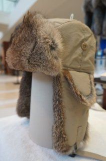 Hunting Alaskan Trail Brand Rabbit Fur Bomber / Trapper Russian Hat (Khaki Shell / Brown Fur)  XXL 