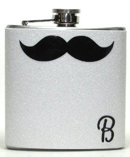 White Glitter & Black Mustache Personalized 6 oz Liquor Hip Flask Flasks Gift Idea Kitchen & Dining