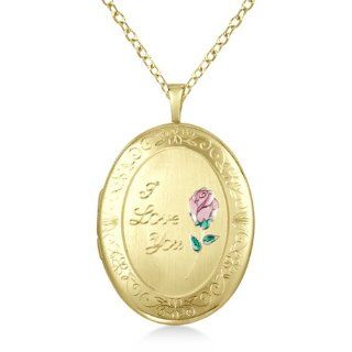Oval Shaped Locket Style Pendant Necklace W/ I Love You Engraving For Women 14K Yellow Gold Vermeil Jewelry