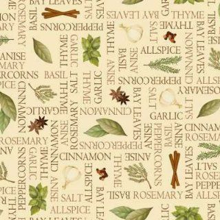 Just A Pinch quilt fabric by Quilting Treasures, Names and images of herbs and spices on beige