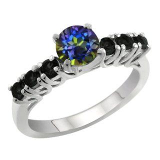 1.19 Ct Round Blue Mystic Topaz Black Diamond 925 Silver Engagement Ring Jewelry