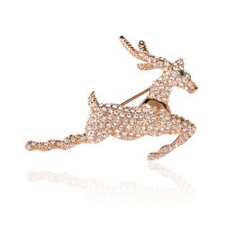 Golden Plated Running Sika Deer with Clear Swarovski Crystal animal Brooches and Pins Jewelry Gift BR707 Christmas Pins And Brooches Jewelry