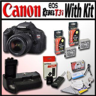 Canon EOS Rebel T3i 18 MP CMOS Digital SLR Full HD Camera with Opteka Battery Pack Grip / Vertical Shutter Release with 2 Extra LP E8 Extended Life High Capacity Batteries, Wireless Radio Remote and Lens Cleaning Kit  Digital Slr Camera Bundles  Camera &