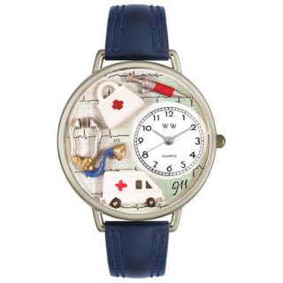 Unisex EMT Navy Blue Leather and Silvertone Watch in Silver