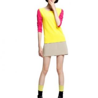 Ladies Straight Cutting Design Zip Back Tiered Stretch Mini Dress Yellow XS