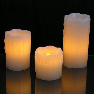 LED Flameless Pillar Candles (4"H, 3"H, 2"H x 2" Dia.) Dripping Wax Set of 3, Flameless Candle Set, Decorations, Centerpieces, Weddings, Bridal Showers, Yoga, Romance   Tea Lights