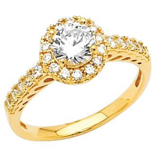 14K Gold Round Halo Cubic Zirconia Ring