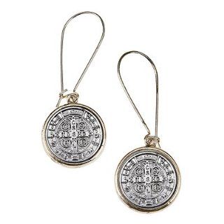 Womens Religious, Catholic & Inspirational Medal of St. Benedict Upside Down Hoop Earrings •Features * Antique Silver/antique Gold Plating * Medal of St. Benedict * Upside Down Hoop Earrings •Antique Silver Medals of St. Benedict Set in 
