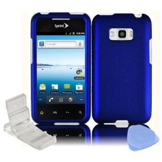 Blue Rubberized Snap on Hard Plastic Cover Faceplate Case for LG Optimus Elite LS696 + Screen Protector Film + Mini Adjustable Phone Stand Cell Phones & Accessories
