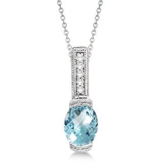Antique Aquamarine and Diamond Pendant Necklace For Women 14k White Gold (1.10ct) Allurez Jewelry