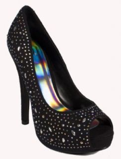 Lorica By Delicious Iridescent Crystal Studded Peep toe Platform Heels in Black Faux Suede Shoes