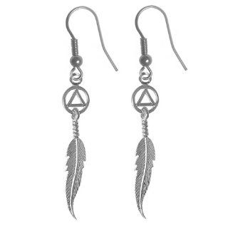 Alcoholics Anonymous Recovery Symbol Earrings, #705 6, Sterling Silver, Circle Triangle with a Feather Jewelry