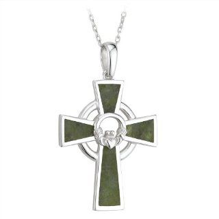 Silver & Connemara Marble Claddagh Celtic Cross Irish Necklace Jewelry