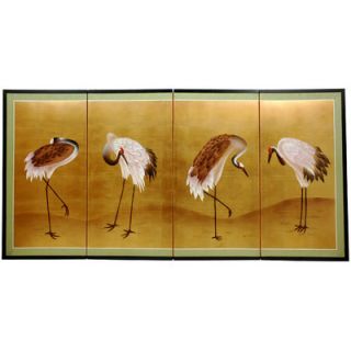 Oriental Furniture Gold Leaf Cranes 4 Panel Room Divider