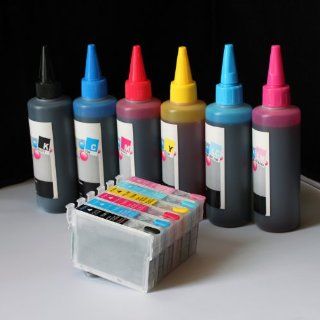 iE Set of Refillable ink cartridges and an Extra set of high quality refill ink bottles 100ml per color, total 600ml 98 / 99 For Epson Artisan All in one 600 700 710 725 730 737 800 810 835 837