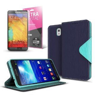 Navy / Mint Samsung Galaxy Note 3 Wallet Case; Best Design with Coolest Premium [PU/Faux Leather] with Stand Feature and Magnetic Flap Closure; Functional Fashion Slim Wallet Case Cover for Galaxy Note 3 (Release Date); Supports Samsung Note 3 Devices From