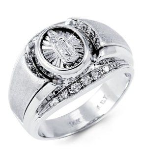 Mens 14k White Gold Round CZ Virgin Mary Religious Ring Jewelry
