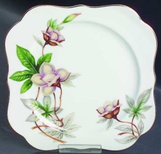 Meito Woodrose Square Salad Plate, Fine China Dinnerware   Pink/Tan Flowers, Gre