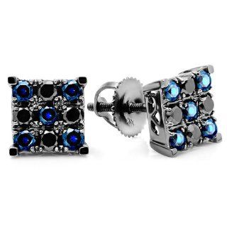 1.00 Carat (ctw) 10k White Gold Round Black Diamond & Blue Sapphire Men's Square Shaped Stud Earrings 1 CT Jewelry